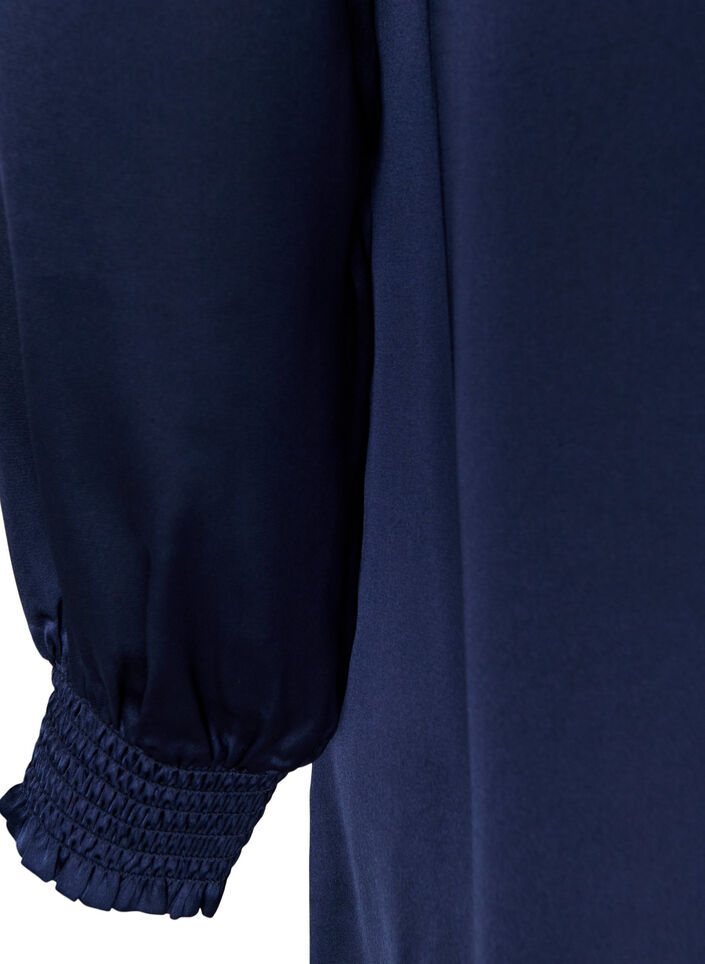 Satin dress with long sleeves and V-neck, Blue, Packshot image number 3
