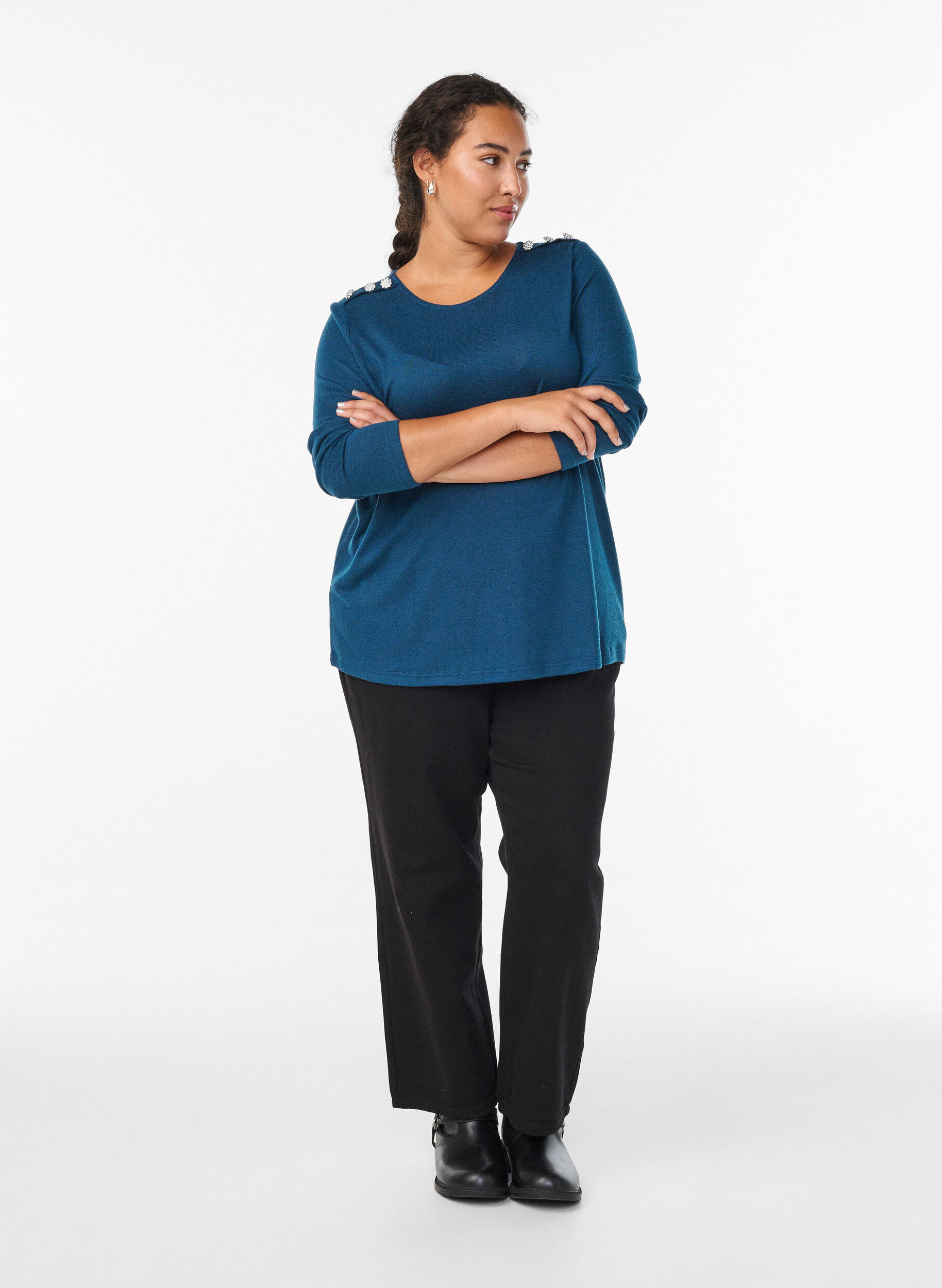 Zizzifashion Blouse with decorative buttons, Petrol, Model image number 1