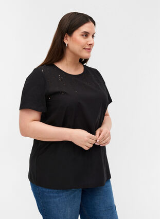 Short-sleeved t-shirt with broderie anglaise, Black, Model image number 0