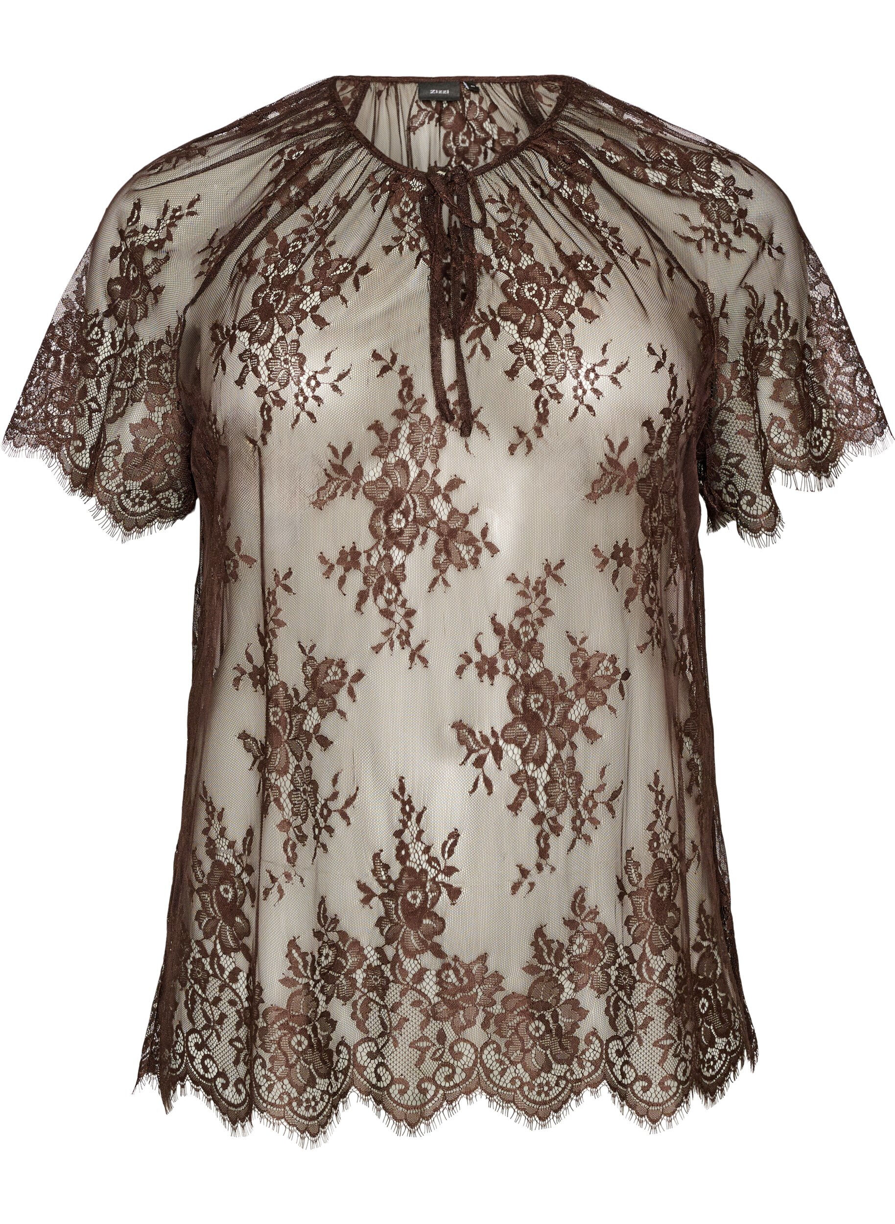 Short-sleeved lace blouse with tie-fastening