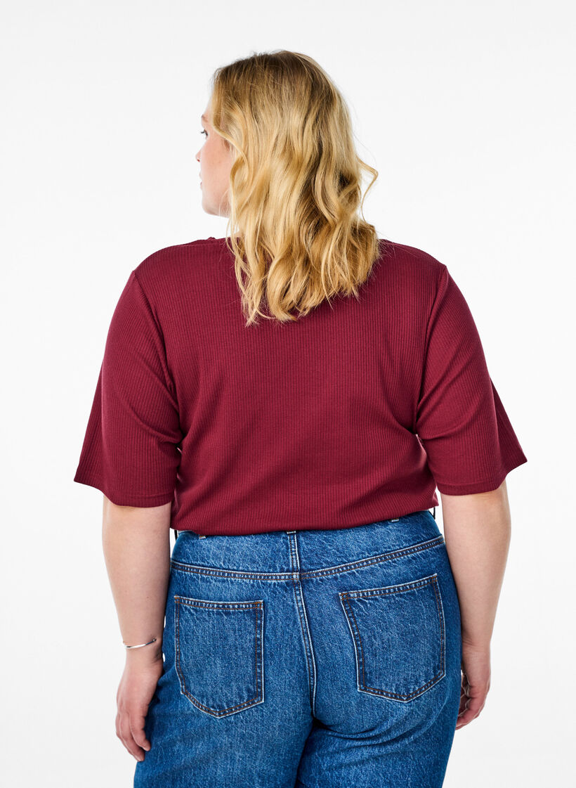 Ribbed jersey blouse with short sleeves, Dark Bordeaux, Model image number 2