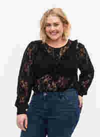 Lace top with frill detail, Black, Model