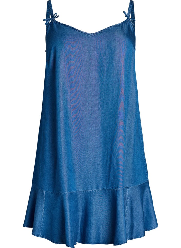 Knee-length strap dress in TENCEL&trade; Lyocell with a denim look, Blue, Packshot