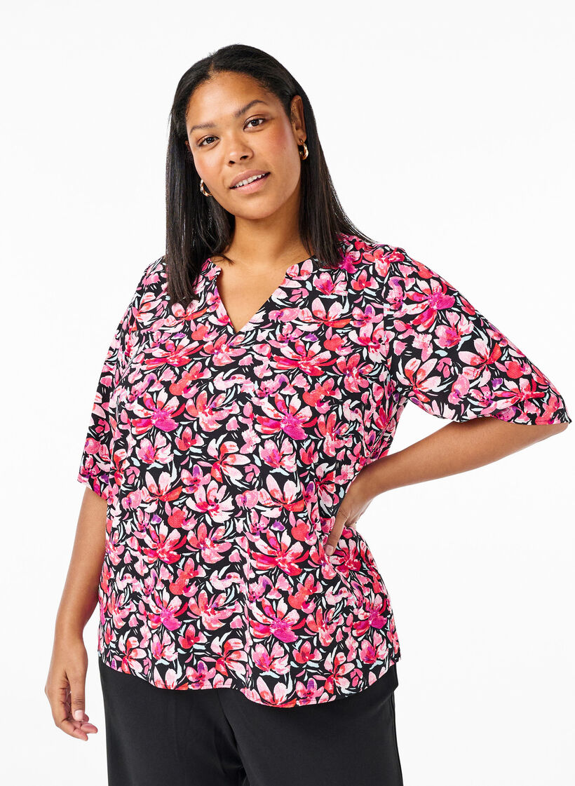V-neck blouse with floral print, Black Flower AOP, Model image number 0