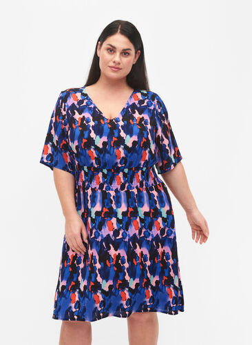 Printed viscose dress with smock, Colorful Animal, Model image number 0