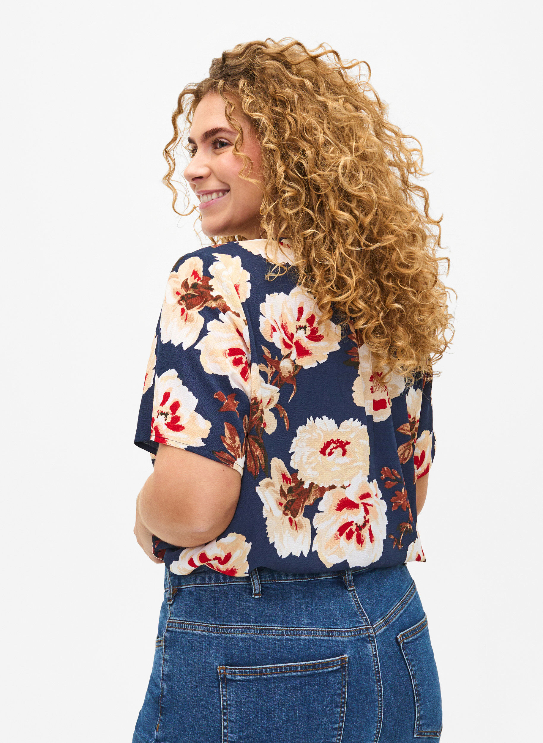 ZizzifashionBlouse with short sleeves and v-neck, Blue, Model image number 2