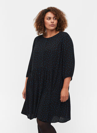 Printed viscose tunic with 3/4 sleeves, Black w. Blue Dot, Model image number 0