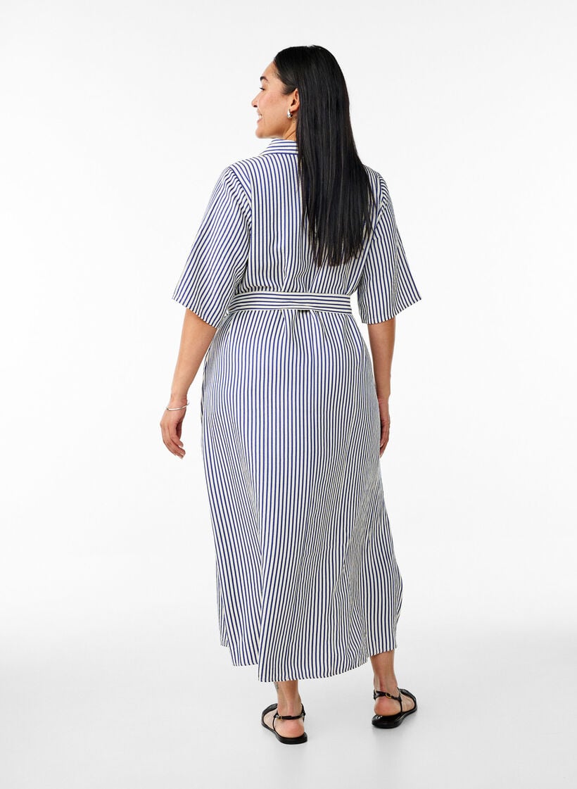 Ankle-length shirt dress with tie belt and stripes, Blue, Model image number 1