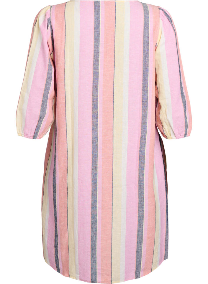 Short dress in linen and viscose with 3/4 sleeves, Yellow, Packshot image number 1