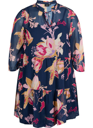 Floral tunic with 3/4 sleeves and ruffle collar, Big Flower AOP, Packshot image number 0