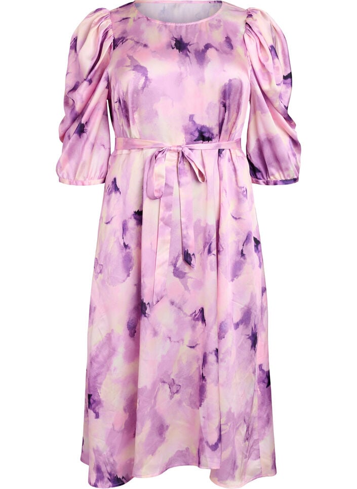 Short-sleeved party dress with tie-belt, Purple, Packshot image number 0