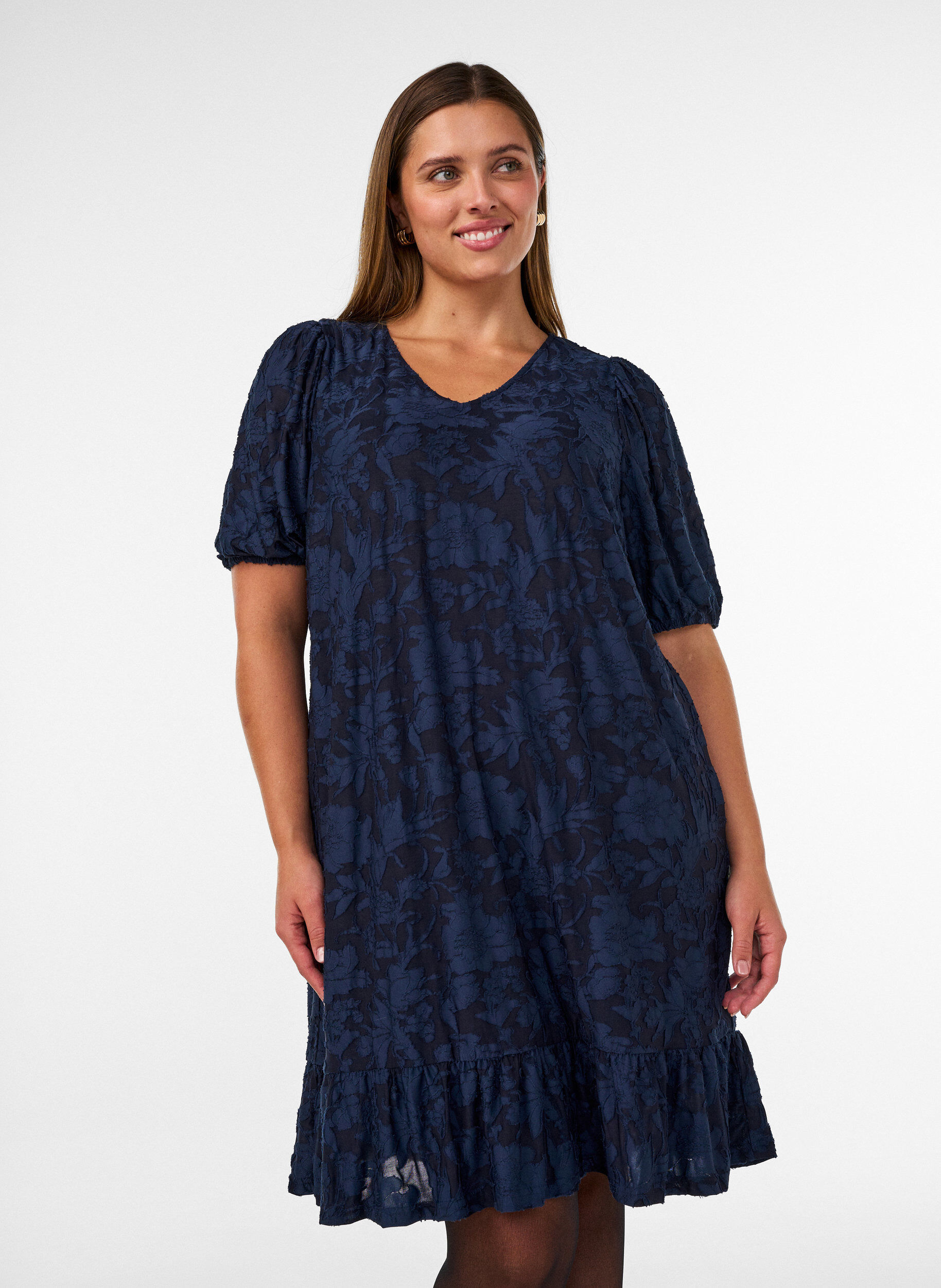 ZizzifashionDress with floral texture and ruffle trim, Blue, Model image number 0