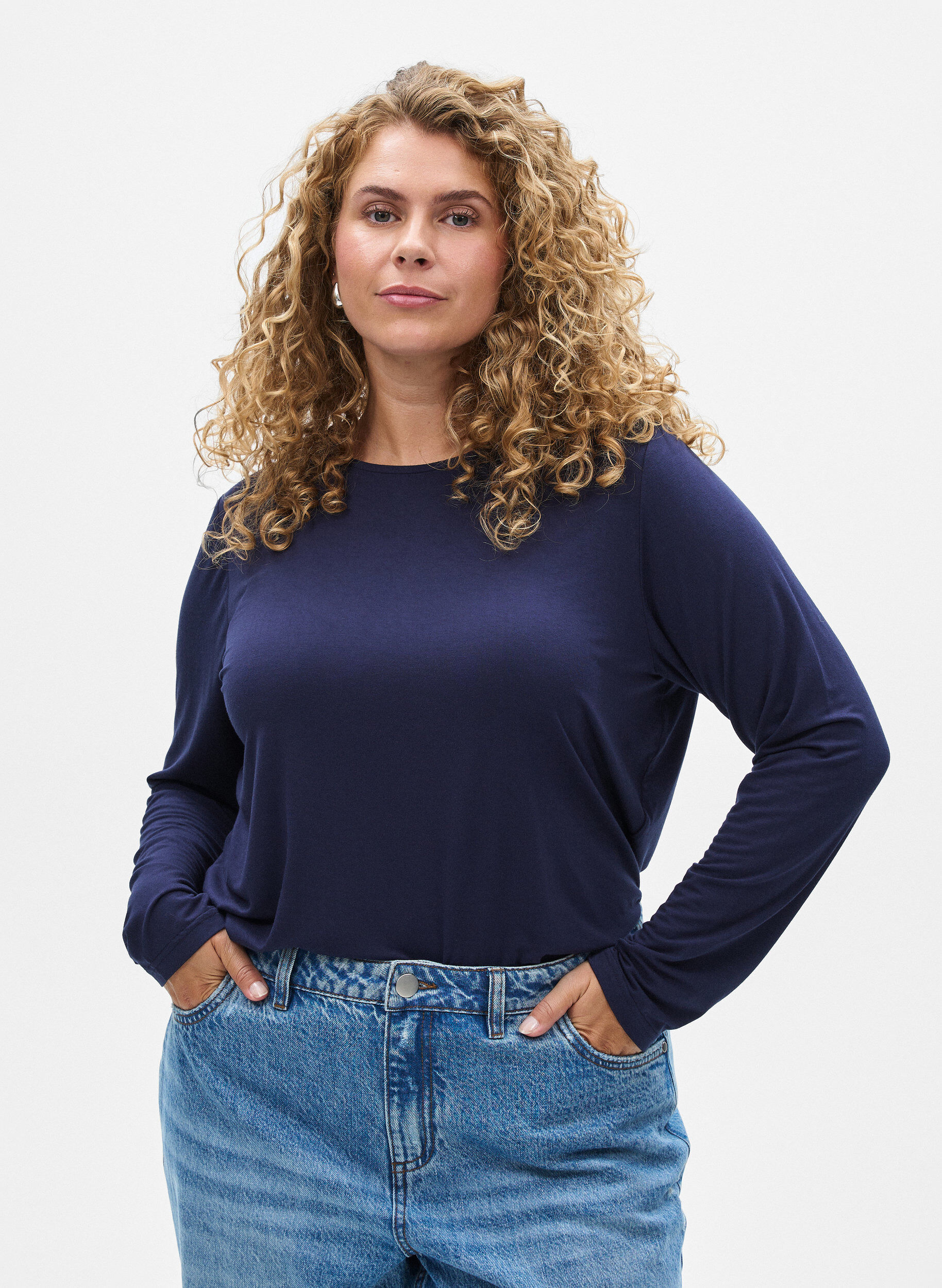 ZizzifashionSolid coloured blouse with long sleeves, Blue, Model image number 0