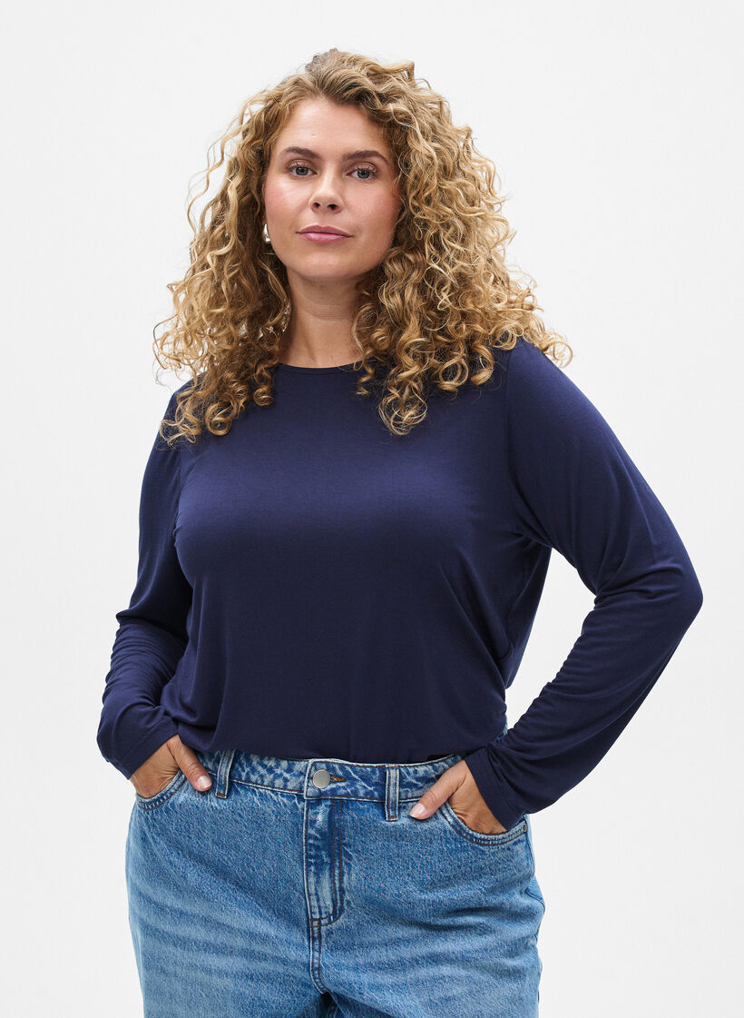 Solid coloured blouse with long sleeves, Blue, Model image number 0