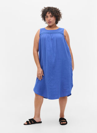Sleeveless cotton dress in a-shape, Dazzling Blue, Model image number 2