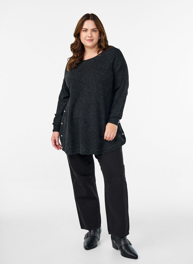 Long knitted blouse with ball buttons, Dark Grey, Model image number 1