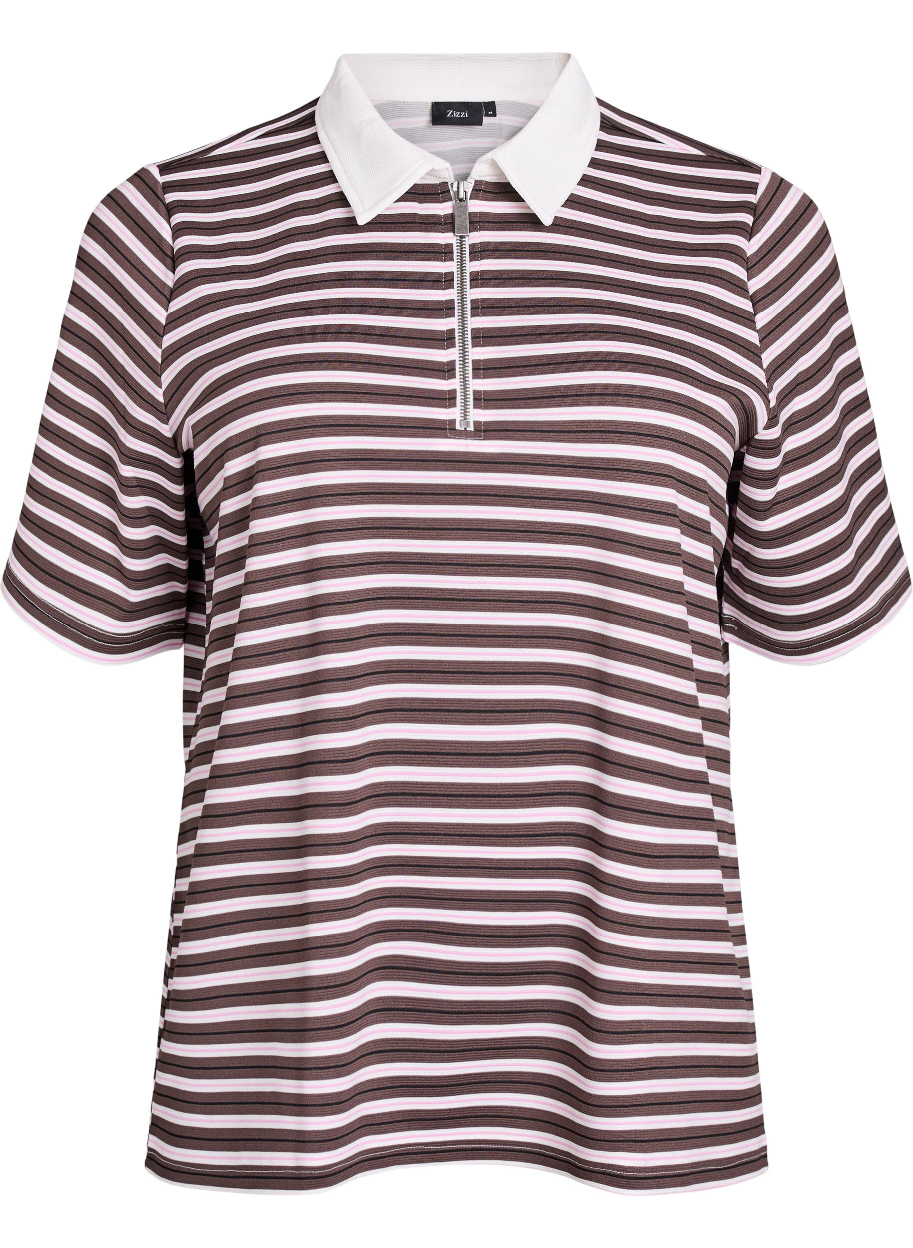 Zizzifashion Striped polo shirt with short sleeves and zip, Brown, Packshot image number 0