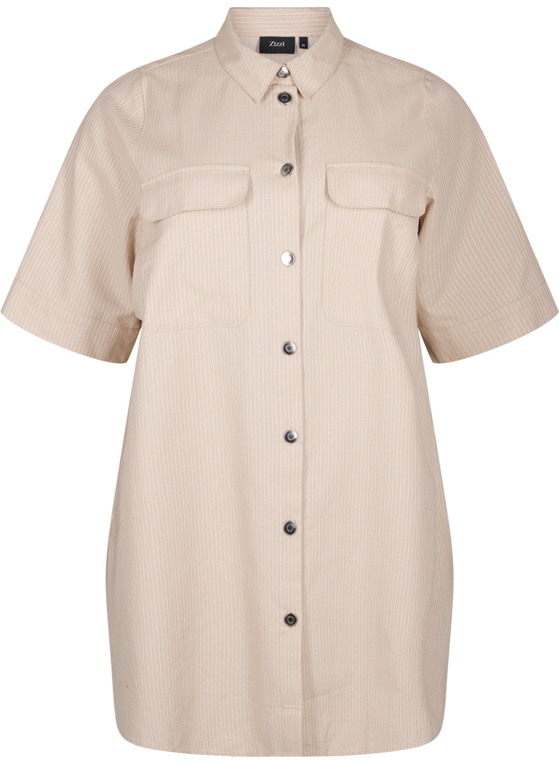 Zizzifashion Striped tunic with buttons and chest pockets, Beige, Packshot image number 0