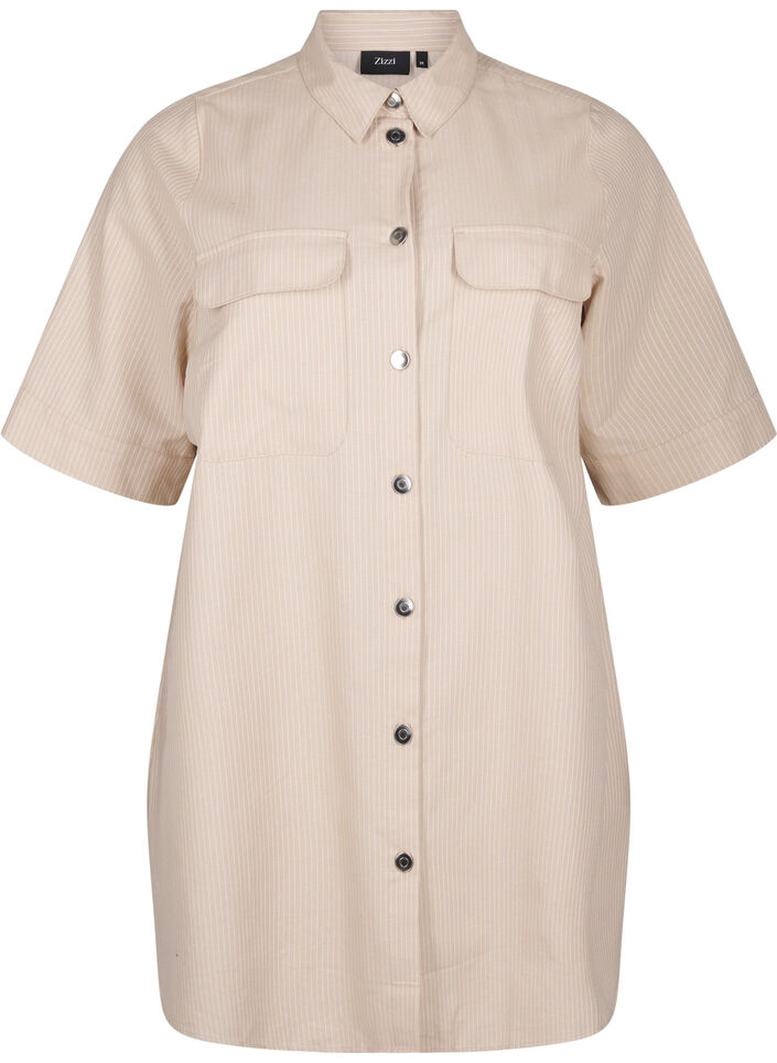 Striped tunic with buttons and chest pockets, Beige, Packshot image number 0