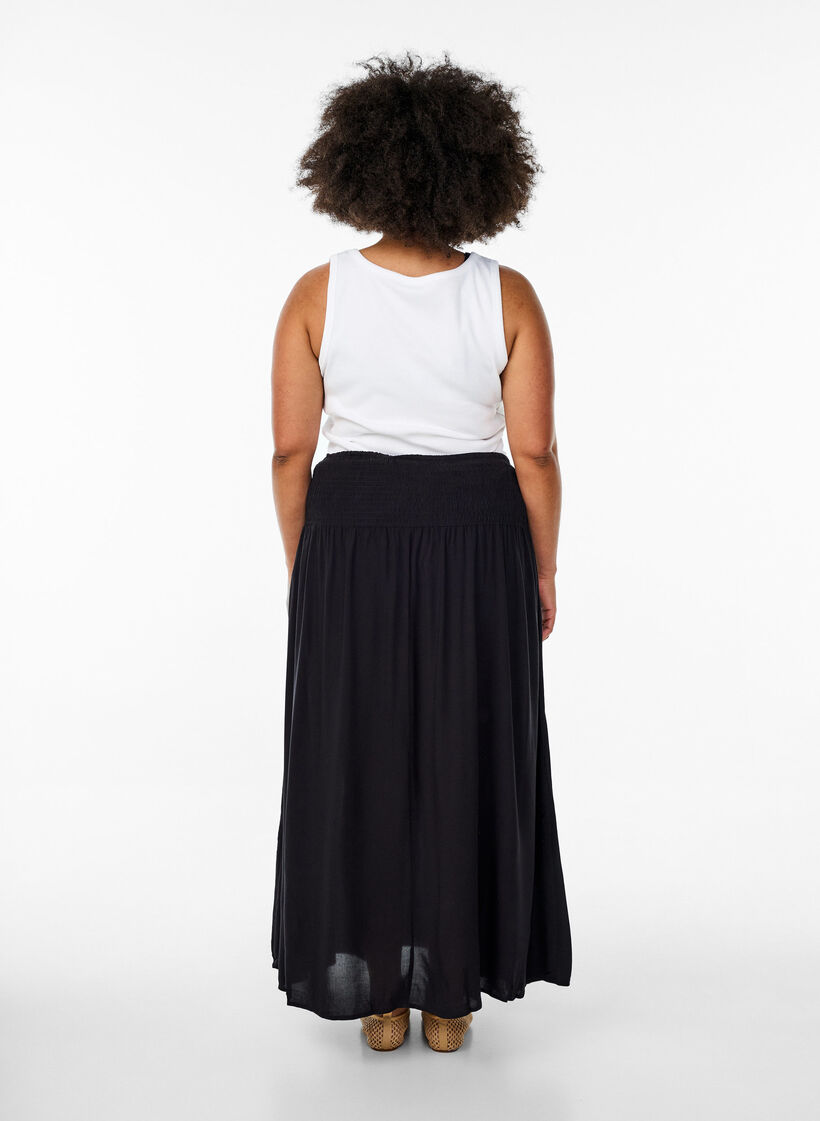 Viscose maxi skirt with smocking, Black, Model image number 2