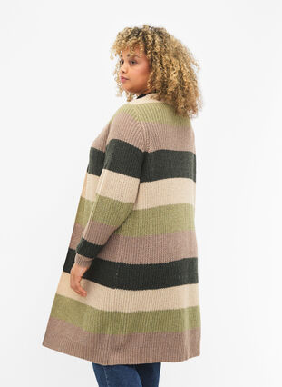 Long rib-knitted cardigan with stripes, Forest Night Comb, Model image number 1