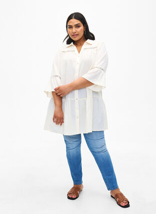 Organic cotton tunic with feminine details, Antique White, Model image number 2
