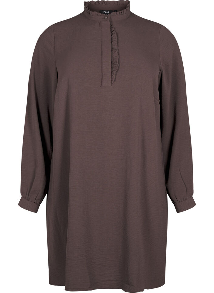 Long-sleeved dress with ruffle detail, Chocolate Martini, Packshot image number 0
