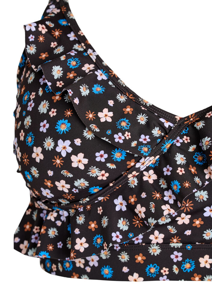 Floral bikini top with ruffle details, Brown, Packshot image number 2