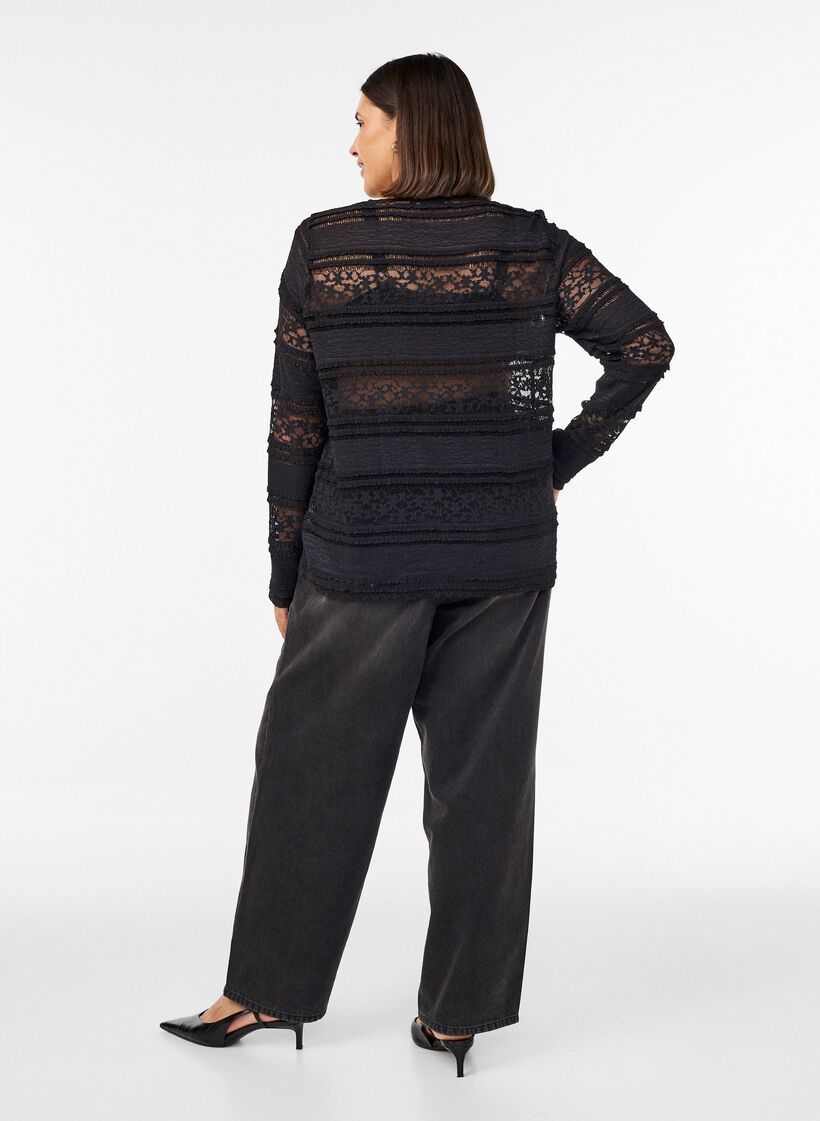 Lace blouse with long sleeves, Black, Model image number 2