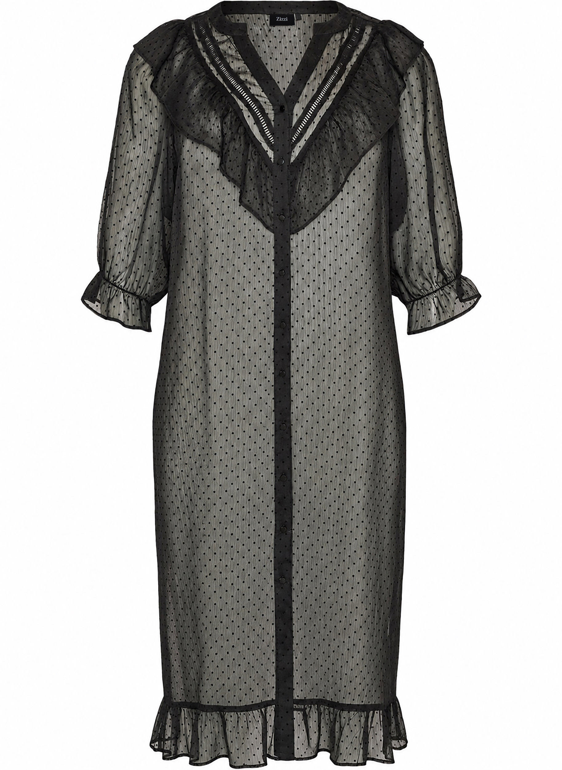 Midi dress in a lightweight, sheer fabric with dots and ruffles