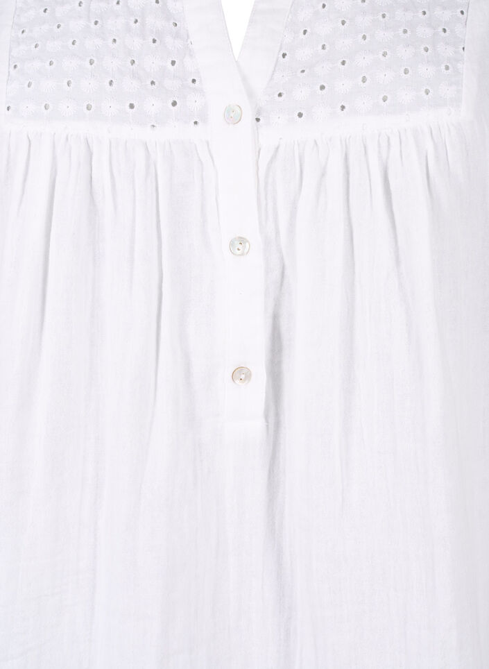 Cotton blouse with broderie anglaise and 3/4 sleeves, Bright White, Packshot image number 2