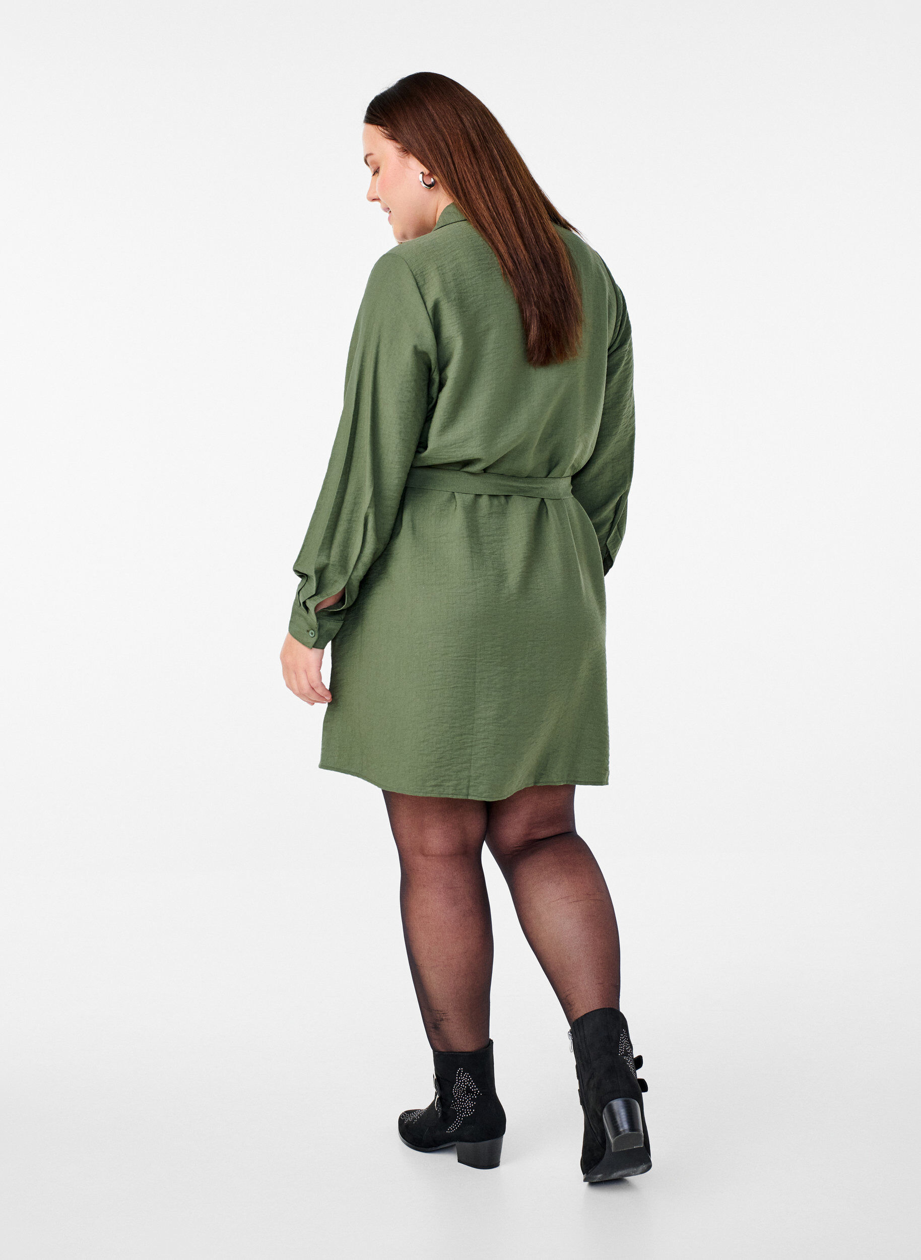 Zizzifashion Shirt dress with tie belt and long sleeves, Green, Model image number 2