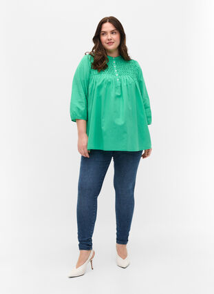 Cotton blouse with 3/4 sleeves and smock, Holly Green, Model image number 2
