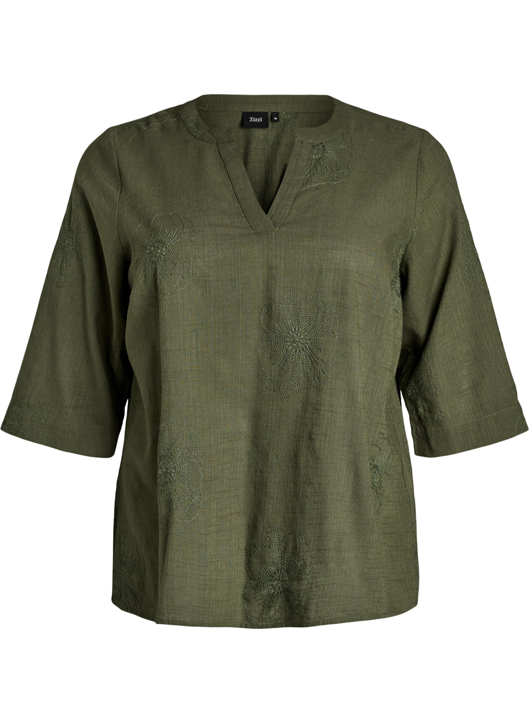 Zizzifashion Cotton blouse with embroidered details and 3/4 sleeves, Green, Packshot image number 0