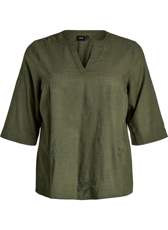 Cotton blouse with embroidered details and 3/4 sleeves, Green, Packshot image number 0