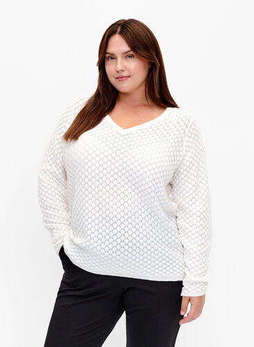 Structure-patterned pullover in organic cotton	, Cloud Dancer, Model image number 0