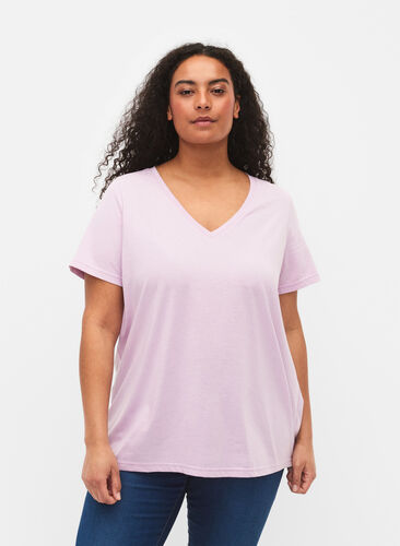 Short sleeve t-shirt with v-neckline, Lavender Frost, Model image number 0