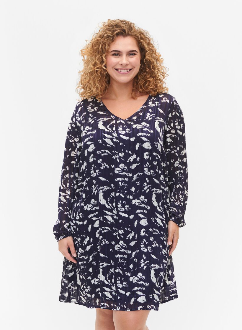 Long-sleeved dress with V-neck and print, Blue Leaf AOP, Model image number 0