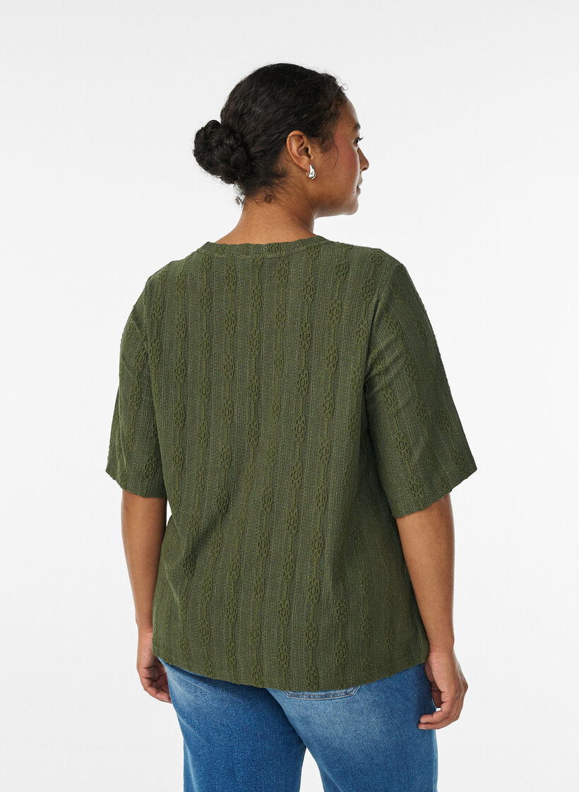 Blouse with textured pattern and short sleeves, Green, Model image number 2