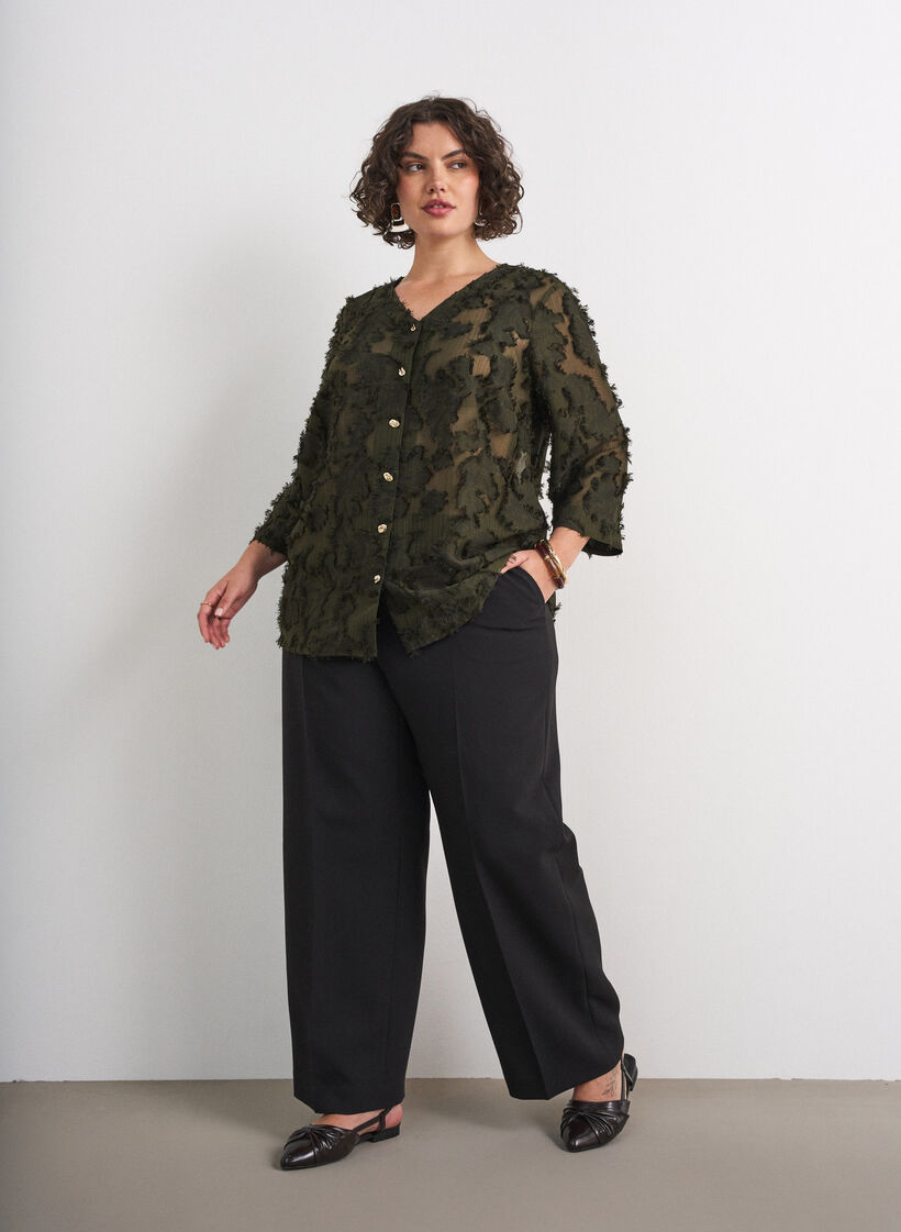 Blouse with frayed threads and texture, Green, Model image number 1