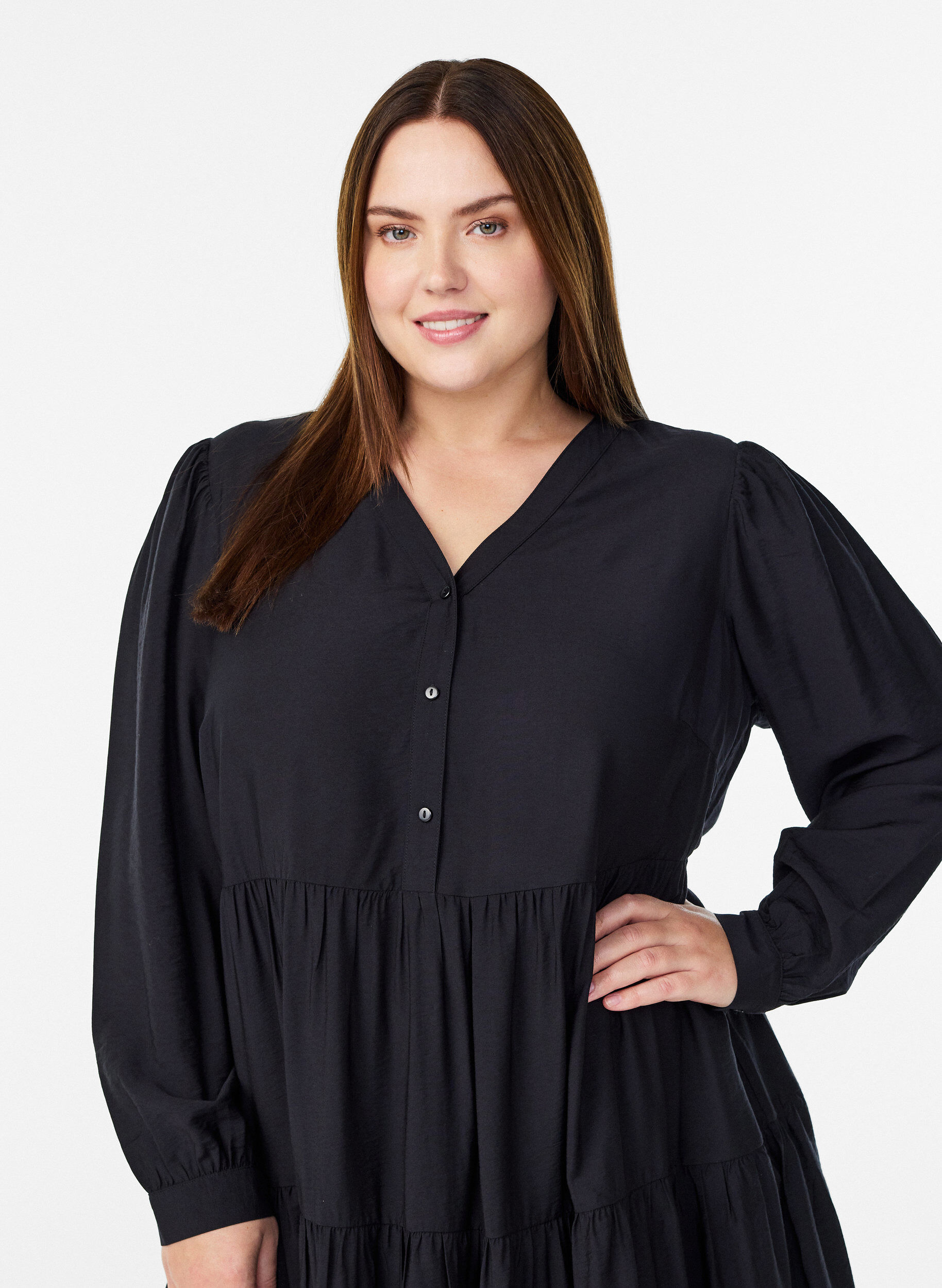 Zizzifashion Midi dress with v-neck and A-line shape, Black, Model image number 2