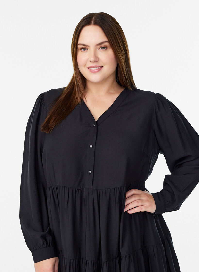 Midi dress with v-neck and A-line shape, Black, Model image number 2