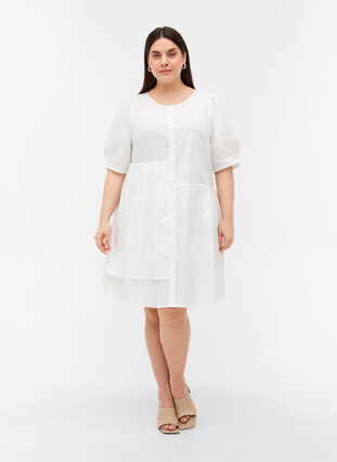 Cotton shirt dress with puff sleeves, Bright White, Model image number 2
