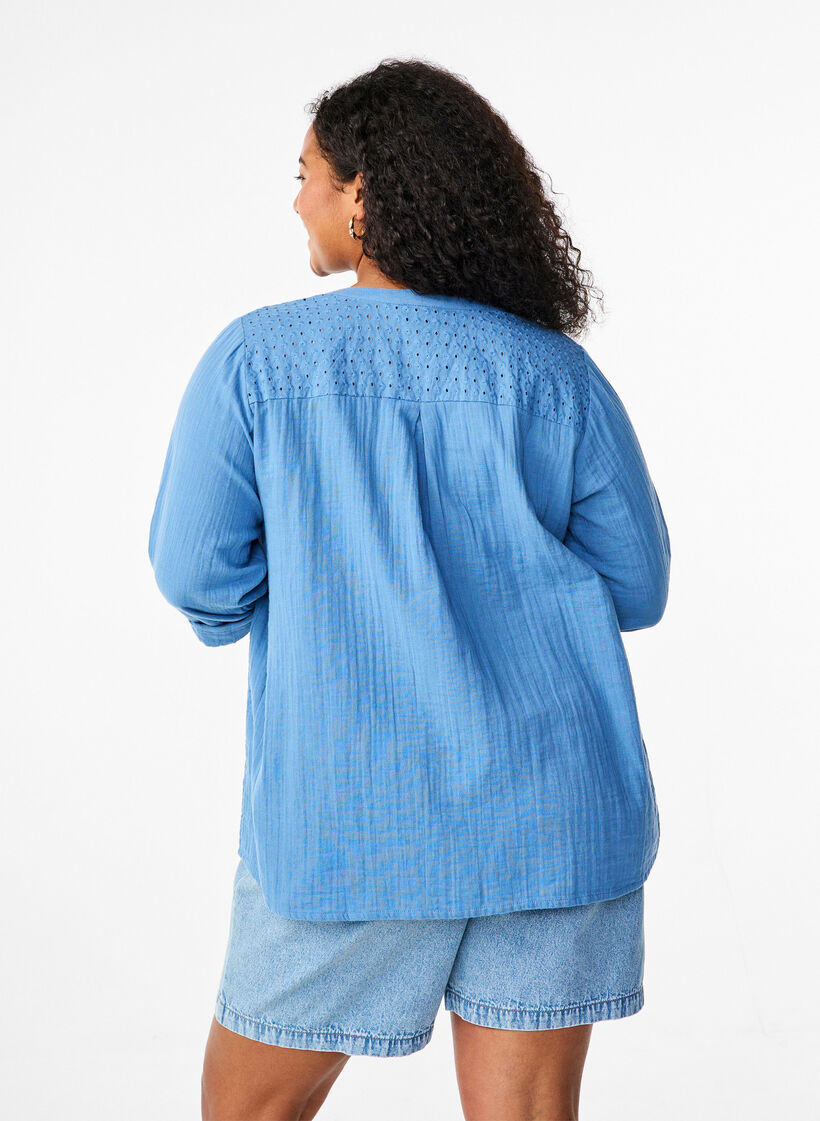 Cotton blouse with broderie anglaise and 3/4 sleeves, Riverside, Model image number 1