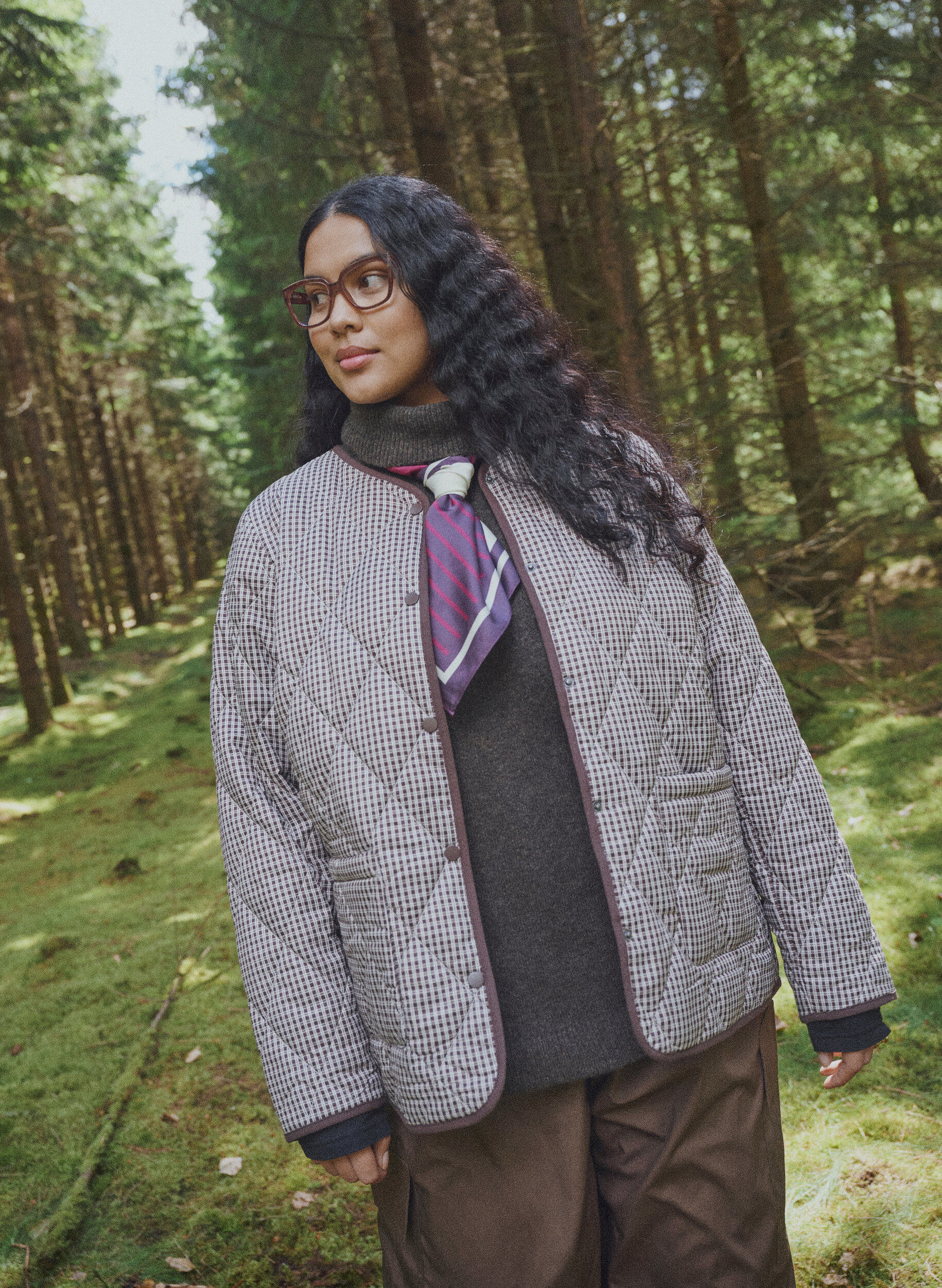 Quilted jacket with small checks and contrast trim