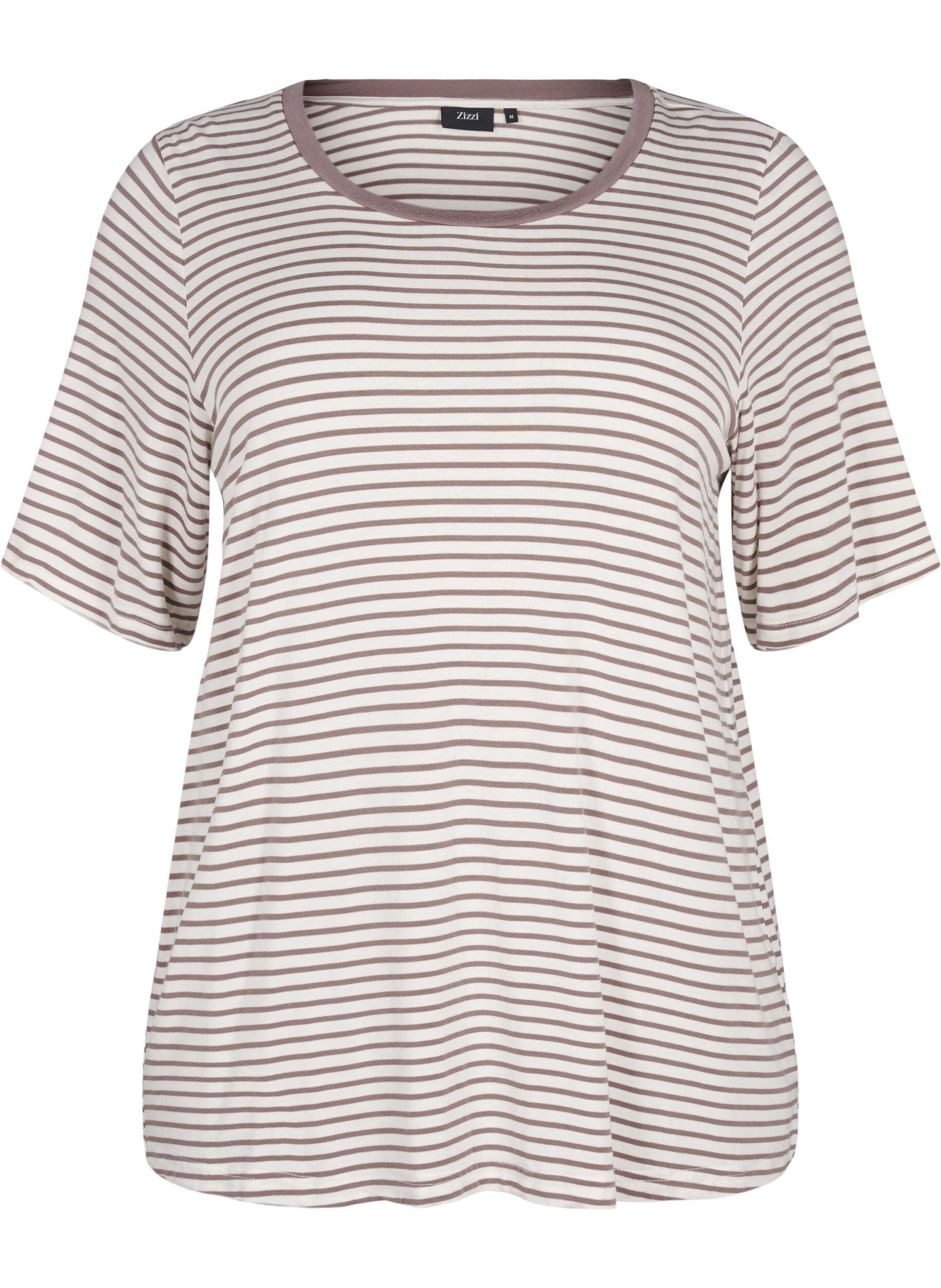 Zizzifashion Striped T-shirt in lyocell with round neck, Brown, Packshot image number 0
