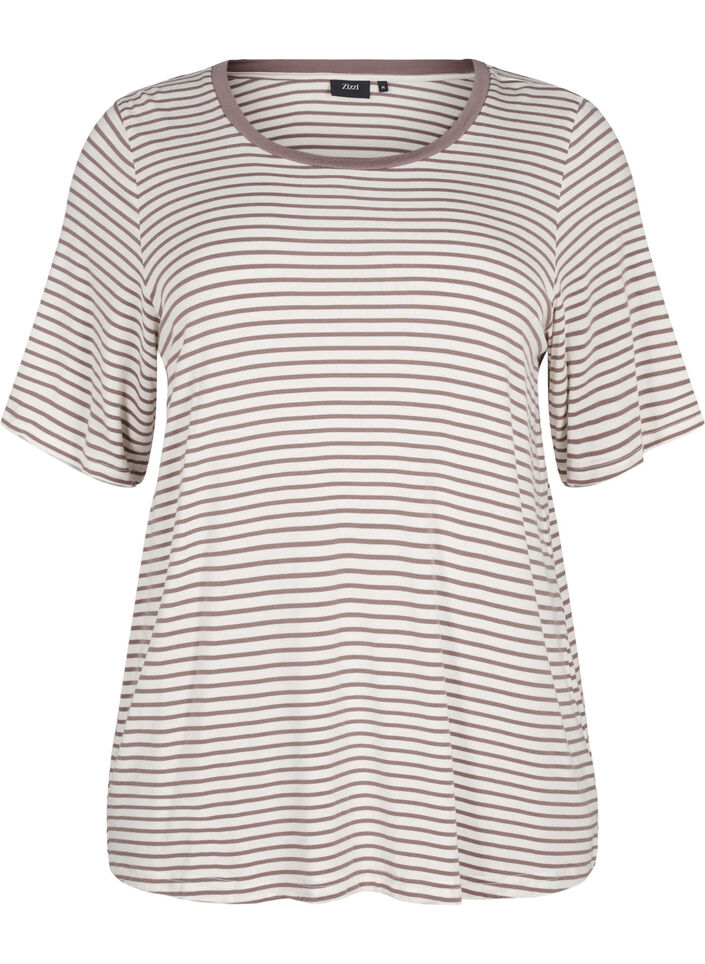 Striped T-shirt in lyocell with round neck, Brown, Packshot image number 0