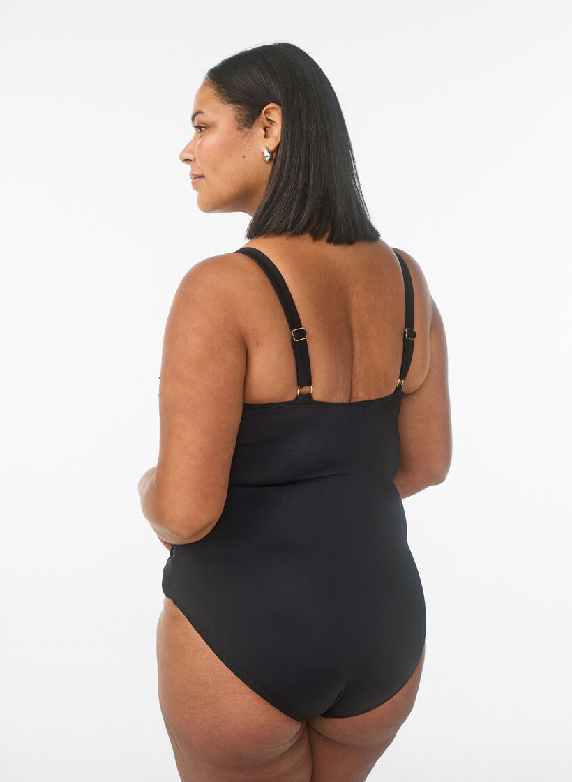 Swimsuit with ring detail and draping, Black, Model image number 1