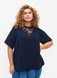 Short-sleeved blouse with lace (GRS), Navy Blazer, Model