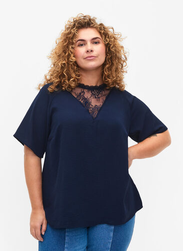 Short-sleeved blouse with lace , Navy Blazer, Model image number 0